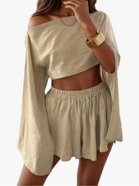 Two-Piece Off Shoulder Crop Top Shorts Coverup